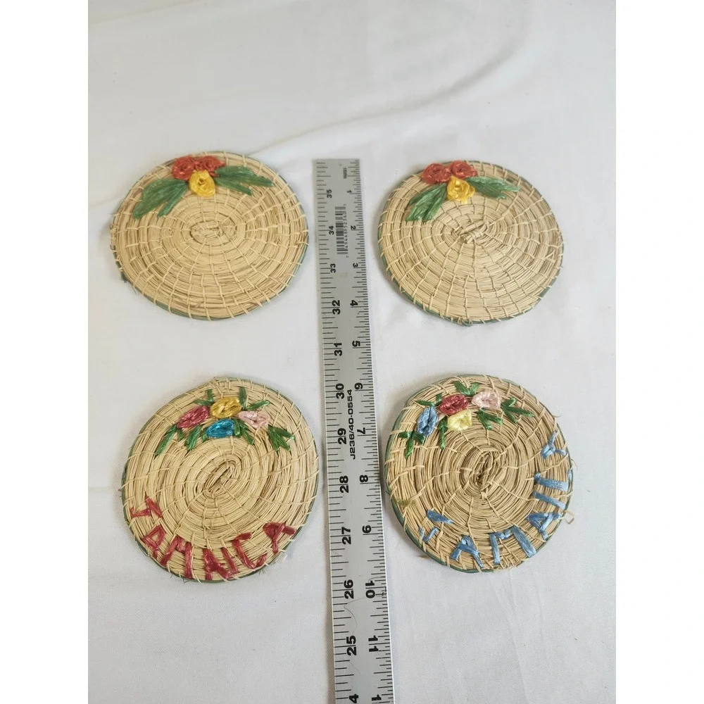 Vintage Woven Raffia Straw Jamaica Coasters Set of 4 Floral Embroidered Boho